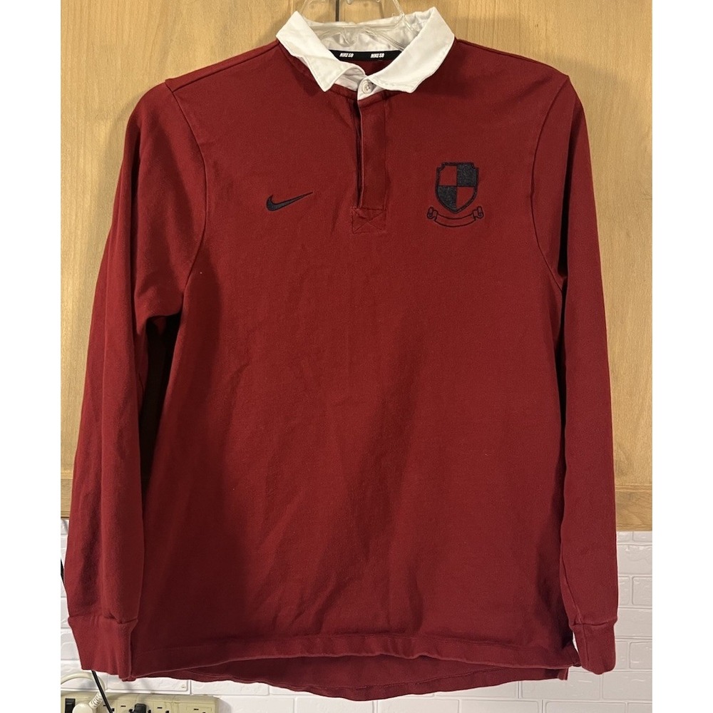 Nike SB Rugby Polo Shirt Mens Medium Burgundy Red Long Sleeve Crest Logo